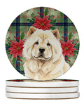 Cream Chow Chow Christmas PoinsettIas Large Sandstone Coasters Pack of 4 Absorbent Round Coasters Decor Gifts for Men or Women, 4 in, Multicolor