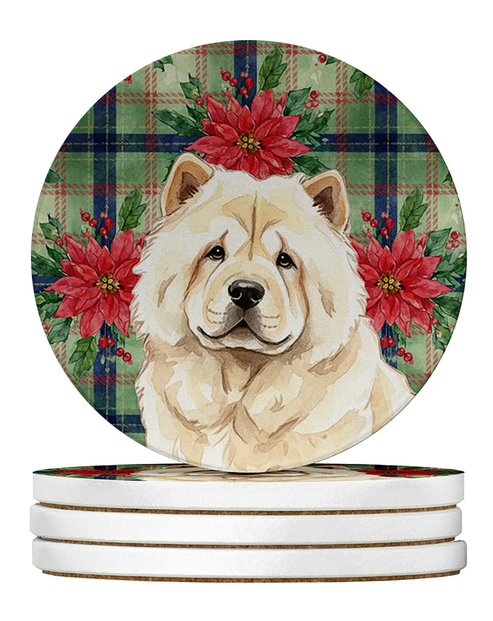 Cream Chow Chow Christmas PoinsettIas Large Sandstone Coasters Pack of 4 Absorbent Round Coasters Decor Gifts for Men or Women, 4 in, Multicolor