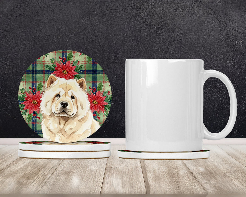 Cream Chow Chow Christmas PoinsettIas Large Sandstone Coasters Pack of 4 Absorbent Round Coasters Decor Gifts for Men or Women, 4 in, Multicolor