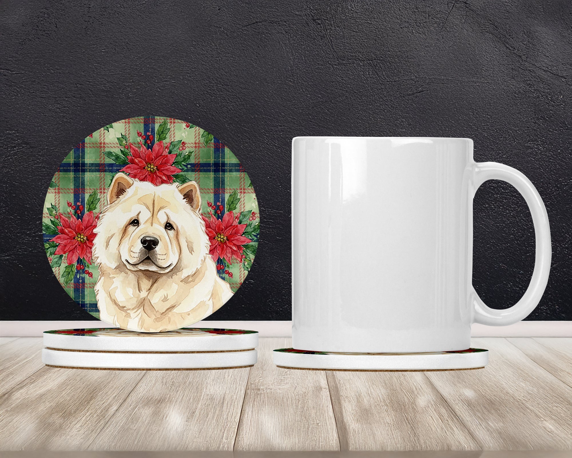 Cream Chow Chow Christmas PoinsettIas Large Sandstone Coasters Pack of 4 Absorbent Round Coasters Decor Gifts for Men or Women, 4 in, Multicolor
