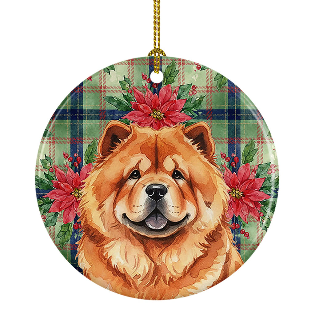 Red Chow Chow Christmas PoinsettIas Ceramic Ornament Christmas Tree Hanging Decorations for Home Christmas Holiday, Party, Gift, 3 in, Multicolor