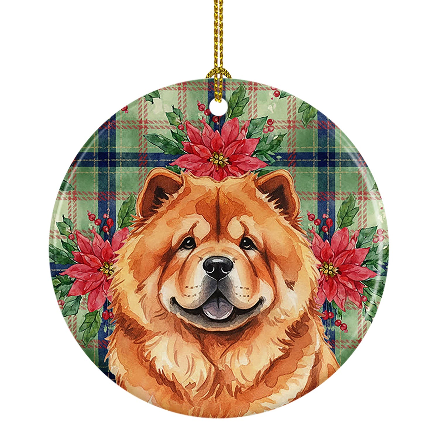 Red Chow Chow Christmas PoinsettIas Ceramic Ornament Christmas Tree Hanging Decorations for Home Christmas Holiday, Party, Gift, 3 in, Multicolor