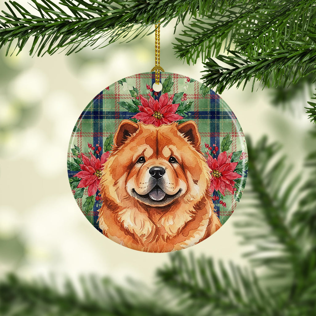 Red Chow Chow Christmas PoinsettIas Ceramic Ornament Christmas Tree Hanging Decorations for Home Christmas Holiday, Party, Gift, 3 in, Multicolor
