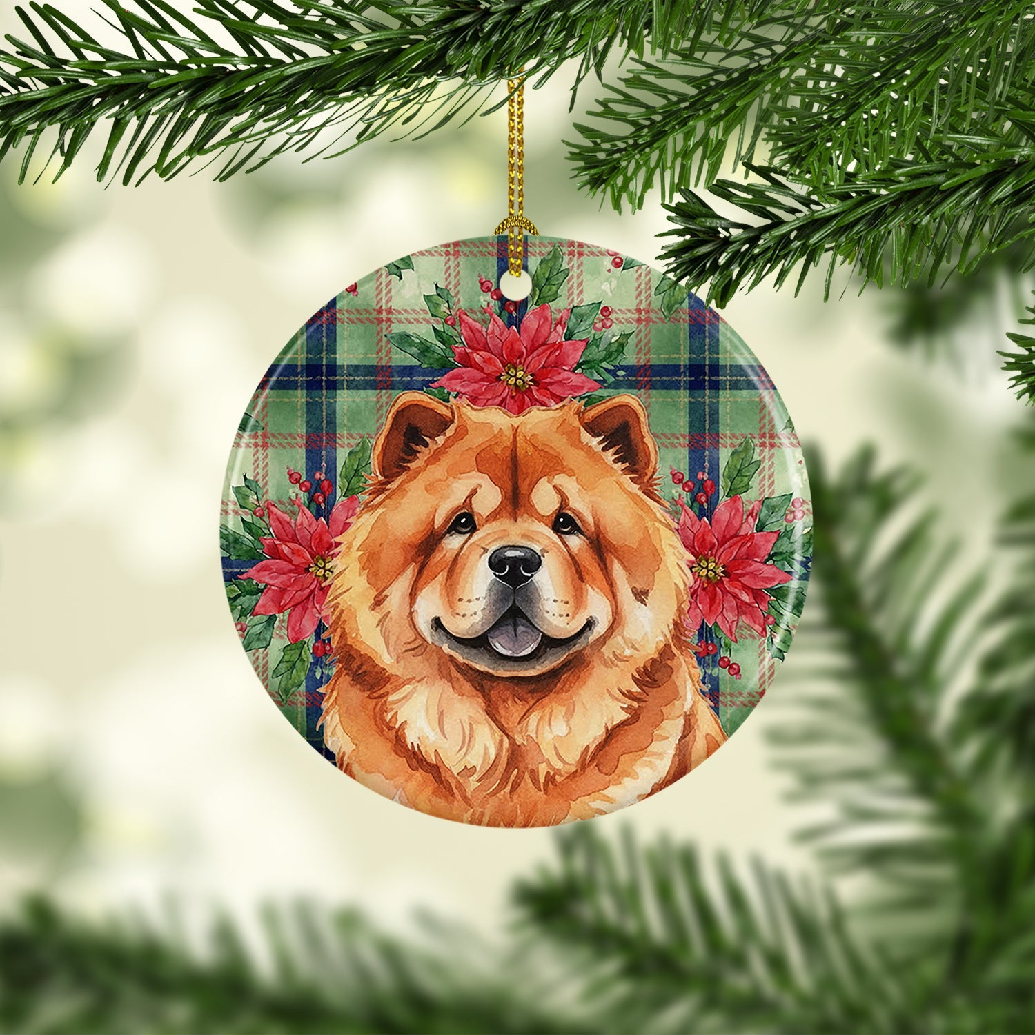 Red Chow Chow Christmas PoinsettIas Ceramic Ornament Christmas Tree Hanging Decorations for Home Christmas Holiday, Party, Gift, 3 in, Multicolor