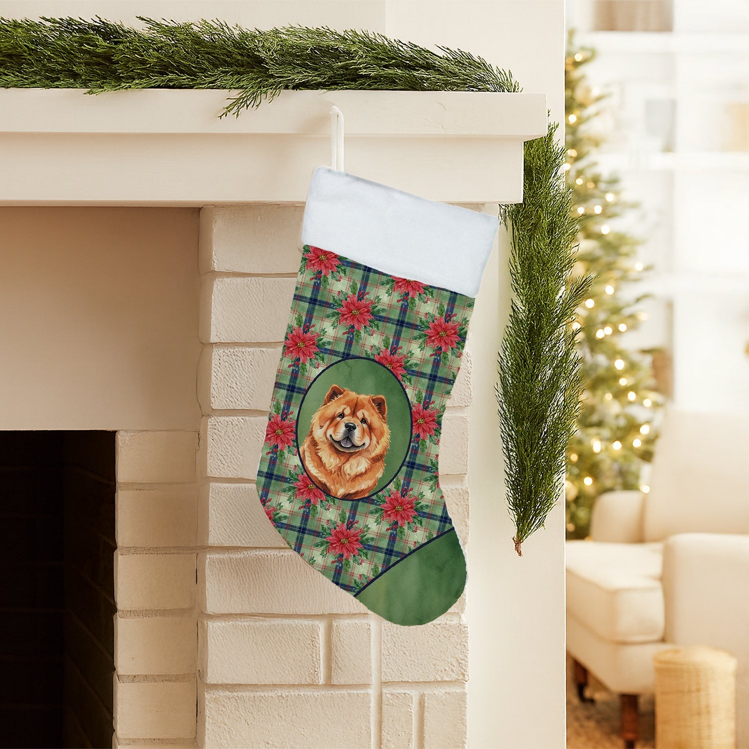 Red Chow Chow Christmas PoinsettIas Holiday Stocking Double-Sided Print, Polyester Suede,11x18, Made in USA