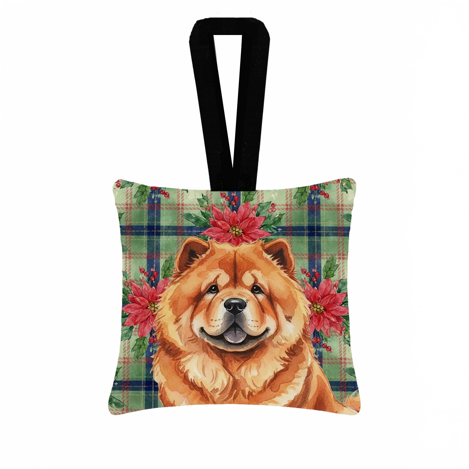 Red Chow Chow Christmas PoinsettIas Hanging Square Fabric Ornament 3.5 � 3.5 Decorative Door-Knob & Tree Hanger, Soft Fabric