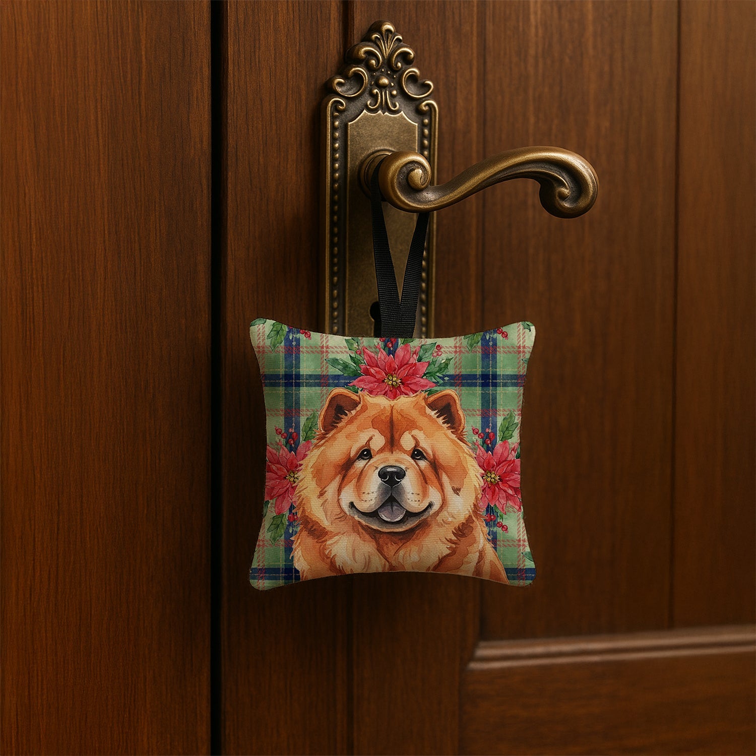 Red Chow Chow Christmas PoinsettIas Hanging Square Fabric Ornament 3.5 � 3.5 Decorative Door-Knob & Tree Hanger, Soft Fabric