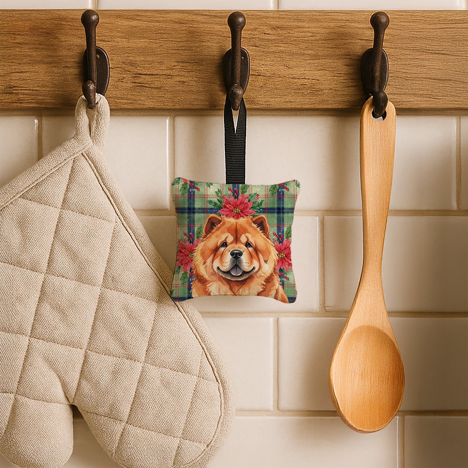Red Chow Chow Christmas PoinsettIas Hanging Square Fabric Ornament 3.5 � 3.5 Decorative Door-Knob & Tree Hanger, Soft Fabric