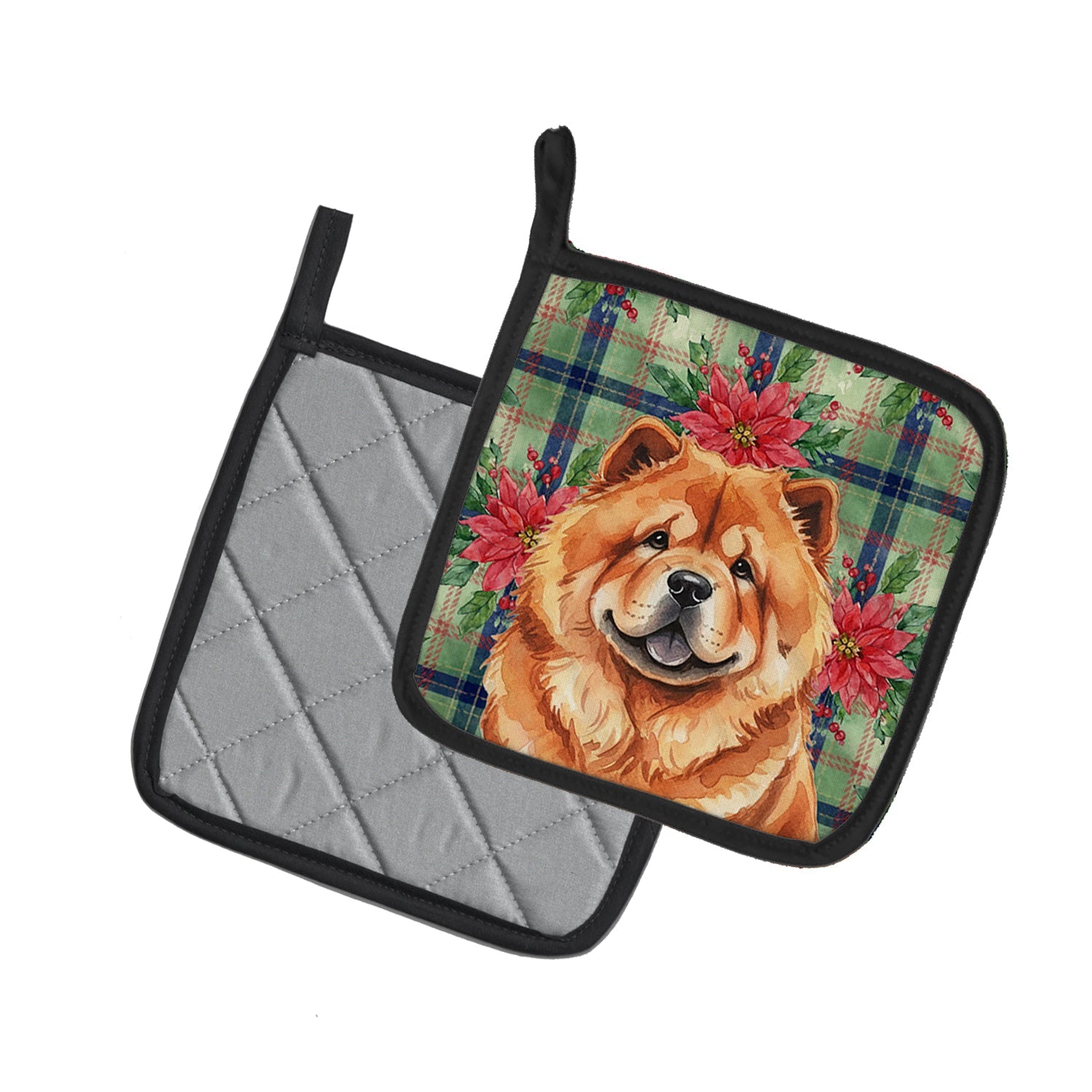 Red Chow Chow Christmas PoinsettIas Pot Holder Set of 2 Heat Resistant Quilted Hot Pads 7.5 x 7.5 Inch, Insulated Kitchen Trivets for Cooking & Baking
