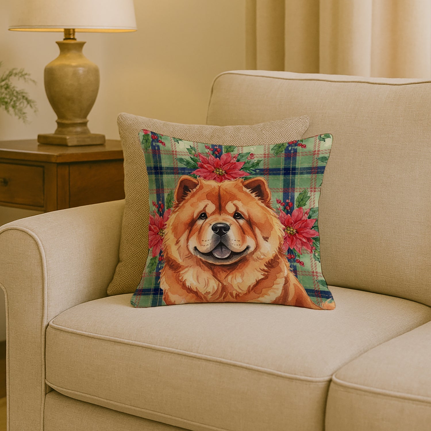 Red Chow Chow Christmas PoinsettIas Decorative Throw Pillow 18x18 Indoor Outdoor Accent Cushion, Fabric Cover with Insert for Sofa, Bed, Porch & Living Room
