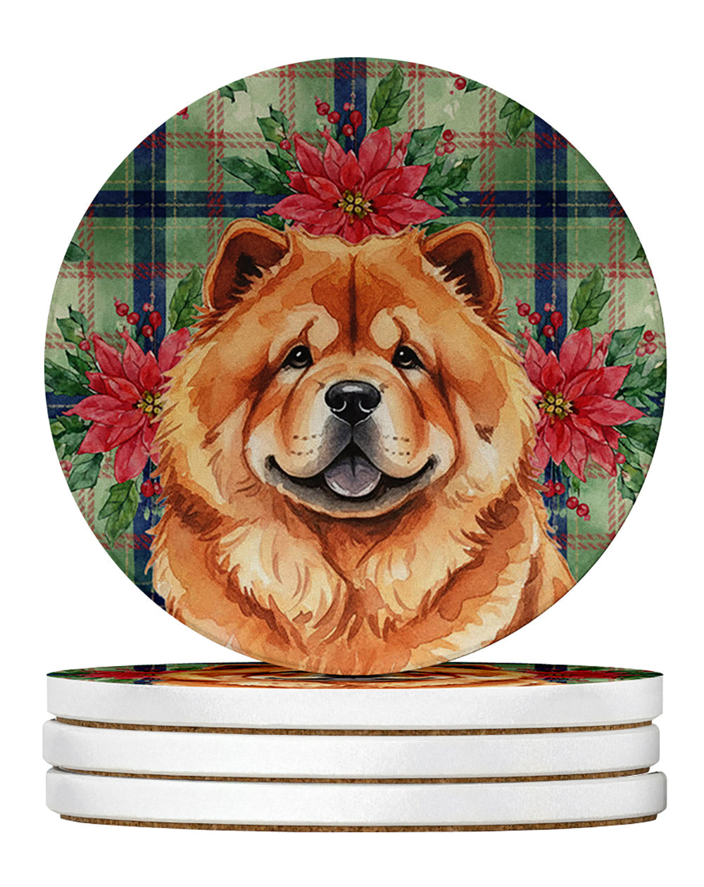 Red Chow Chow Christmas PoinsettIas Large Sandstone Coasters Pack of 4 Absorbent Round Coasters Decor Gifts for Men or Women, 4 in, Multicolor