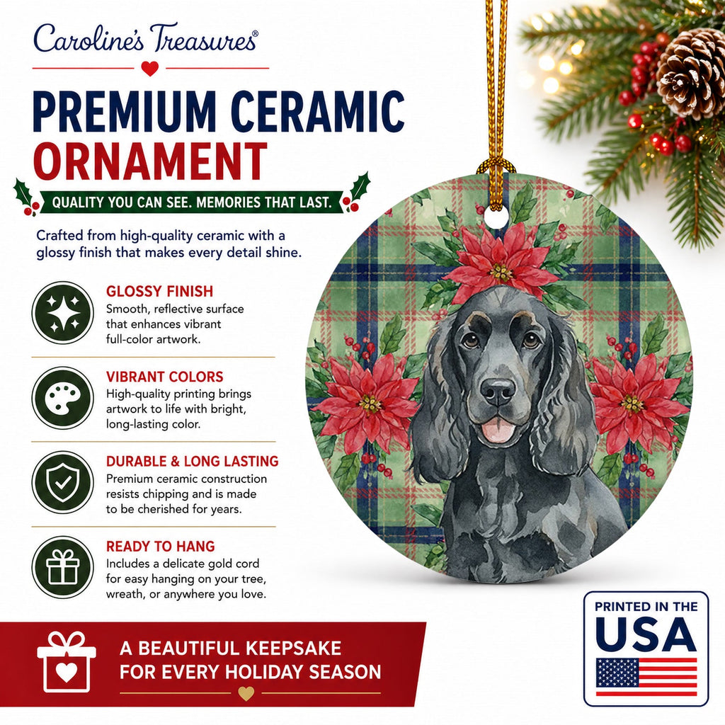 Black Cocker Spaniel Christmas PoinsettIas Ceramic Ornament Christmas Tree Hanging Decorations for Home Christmas Holiday, Party, Gift, 3 in, Multicolor