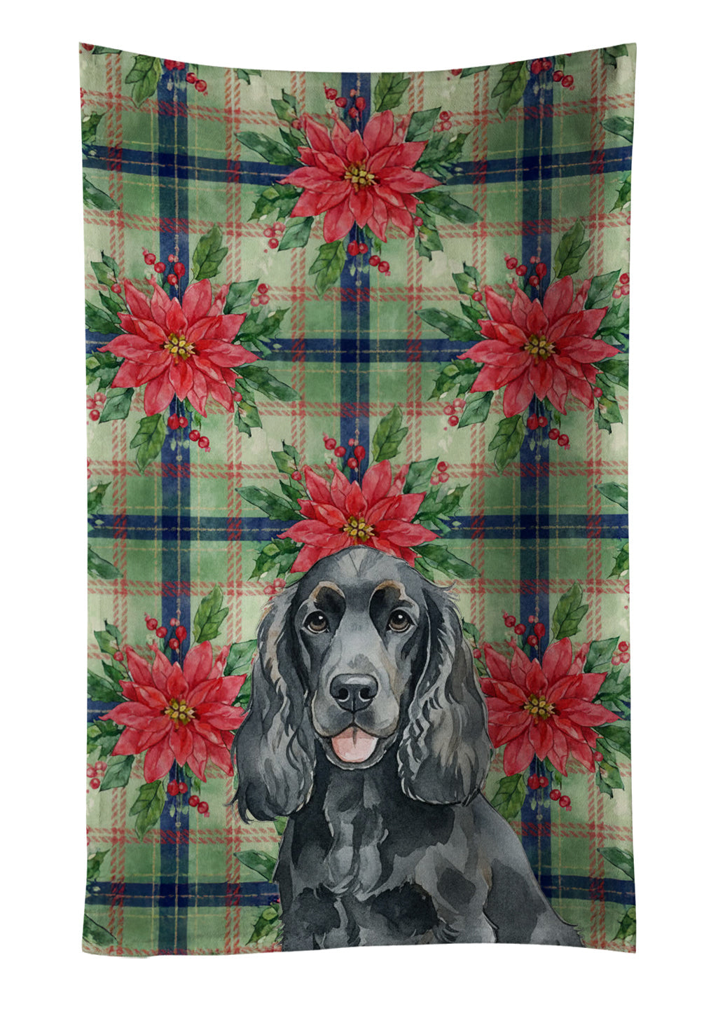 Black Cocker Spaniel Christmas PoinsettIas Kitchen Towel Velour Plush Front and Cotton Loop Back Machine Washable
