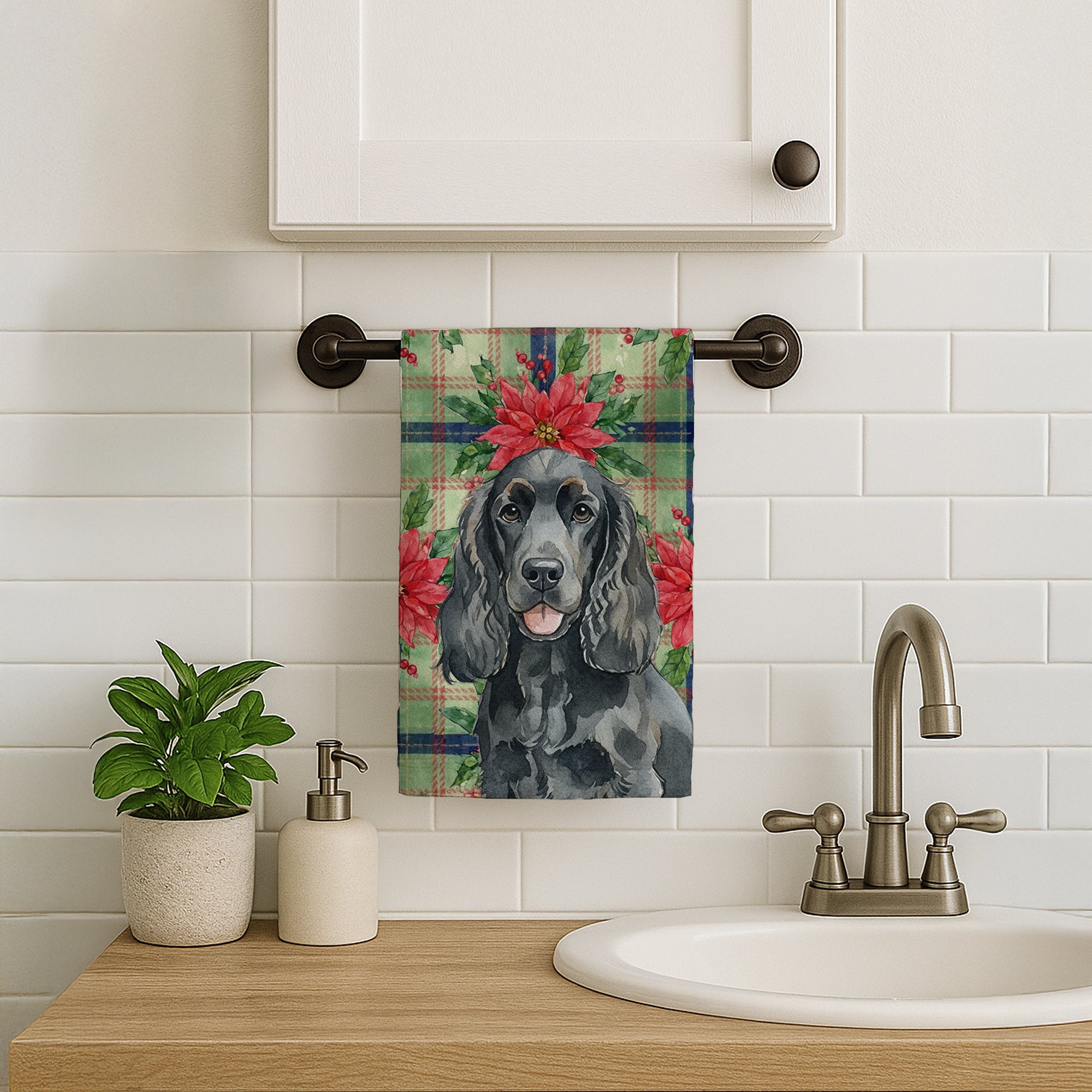 Black Cocker Spaniel Christmas PoinsettIas Kitchen Towel Velour Plush Front and Cotton Loop Back Machine Washable