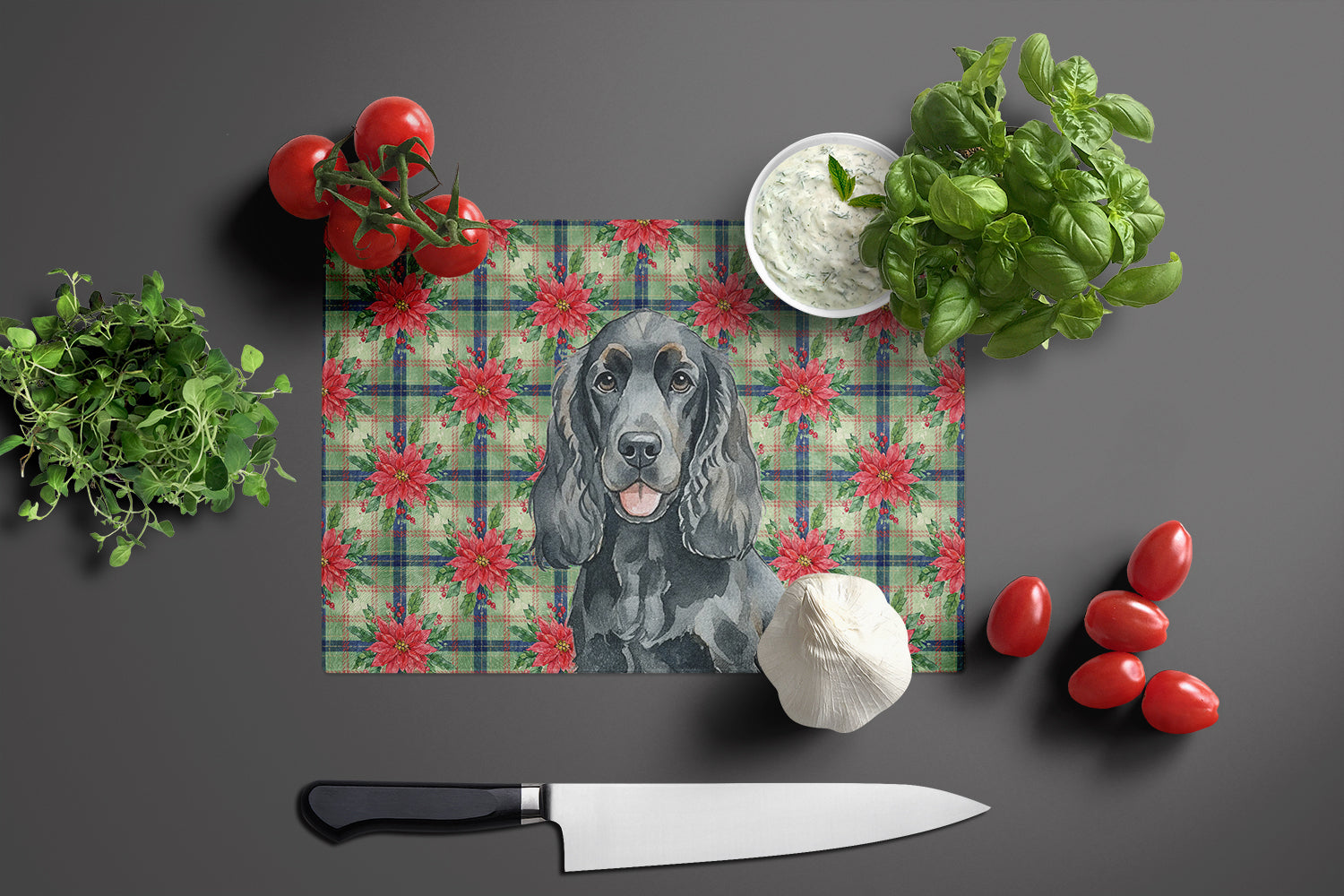 Black Cocker Spaniel Christmas PoinsettIas Cutting Board Tempered Glass Kitchen Cutting Surface, Heat Resistant Chopping, Non-Slip Feet, Food Prep & Serving
