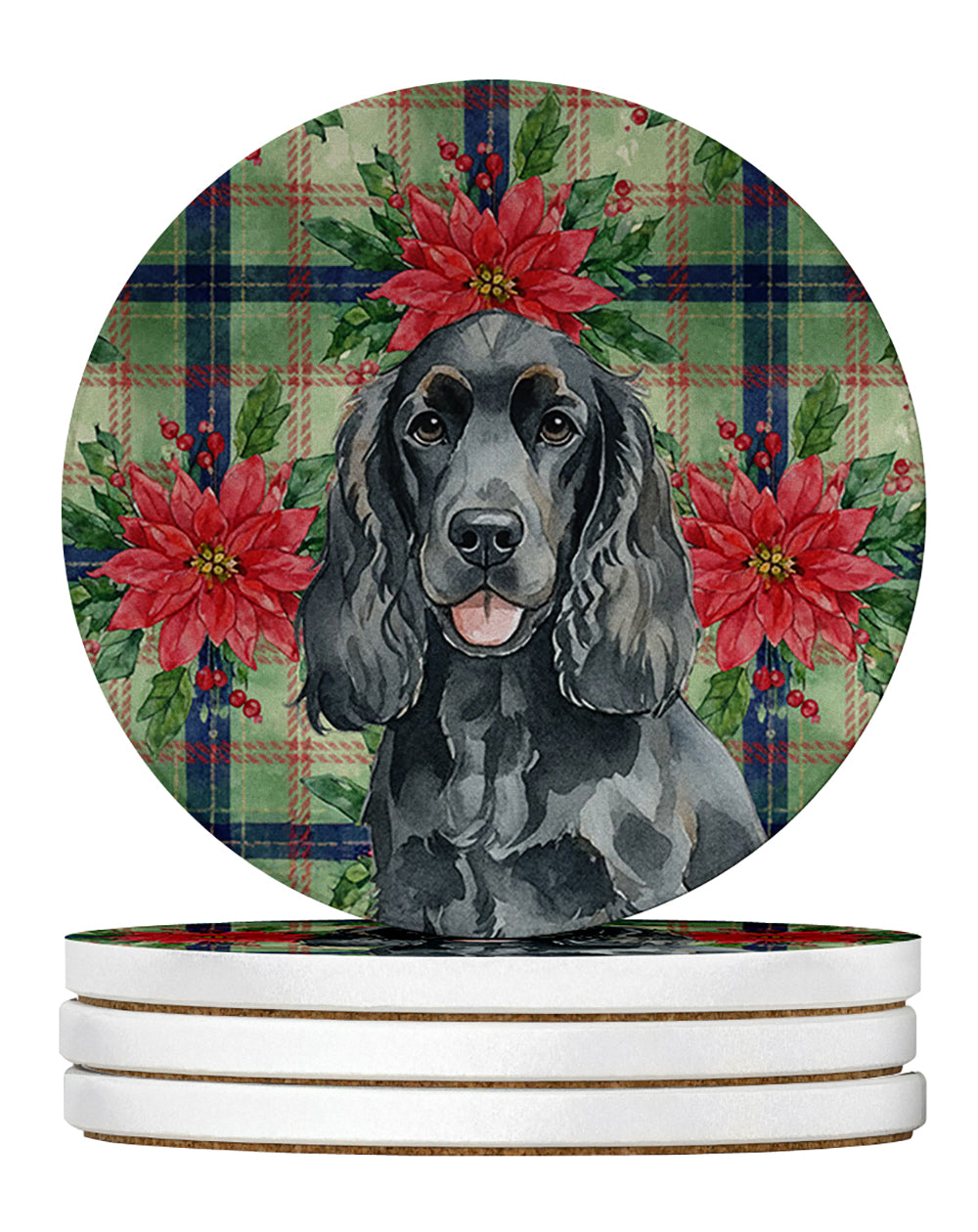 Black Cocker Spaniel Christmas PoinsettIas Large Sandstone Coasters Pack of 4 Absorbent Round Coasters Decor Gifts for Men or Women, 4 in, Multicolor