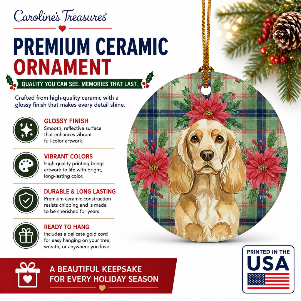 Buff Cocker Spaniel Christmas PoinsettIas Ceramic Ornament Christmas Tree Hanging Decorations for Home Christmas Holiday, Party, Gift, 3 in, Multicolor