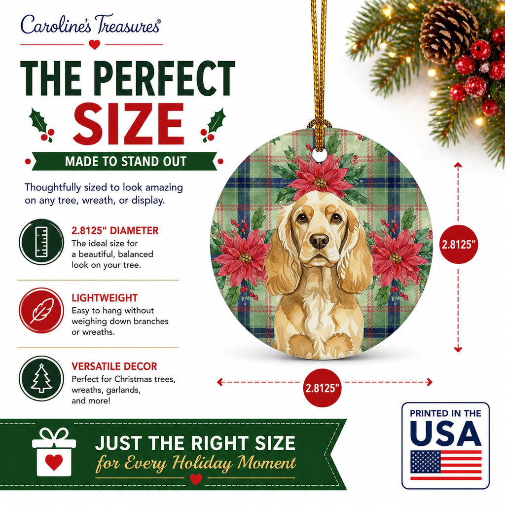 Buff Cocker Spaniel Christmas PoinsettIas Ceramic Ornament Christmas Tree Hanging Decorations for Home Christmas Holiday, Party, Gift, 3 in, Multicolor
