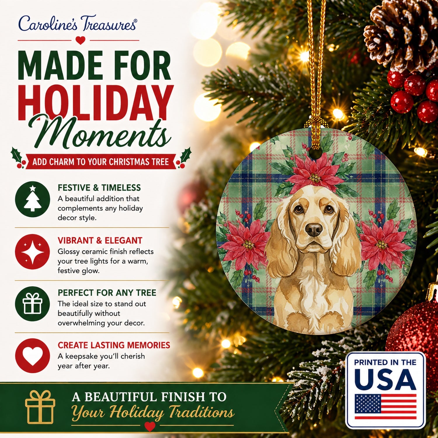 Buff Cocker Spaniel Christmas PoinsettIas Ceramic Ornament Christmas Tree Hanging Decorations for Home Christmas Holiday, Party, Gift, 3 in, Multicolor