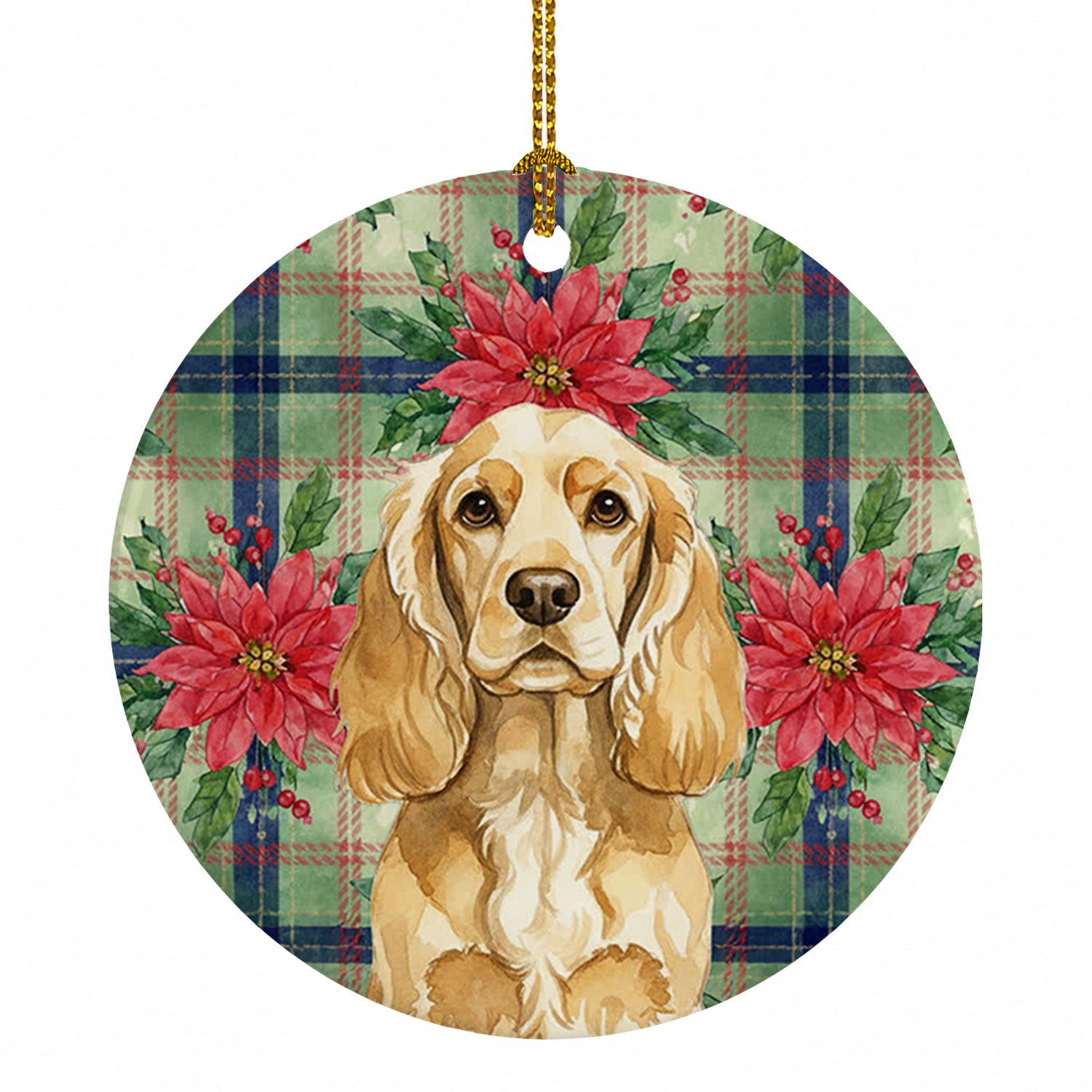 Buff Cocker Spaniel Christmas PoinsettIas Ceramic Ornament Christmas Tree Hanging Decorations for Home Christmas Holiday, Party, Gift, 3 in, Multicolor