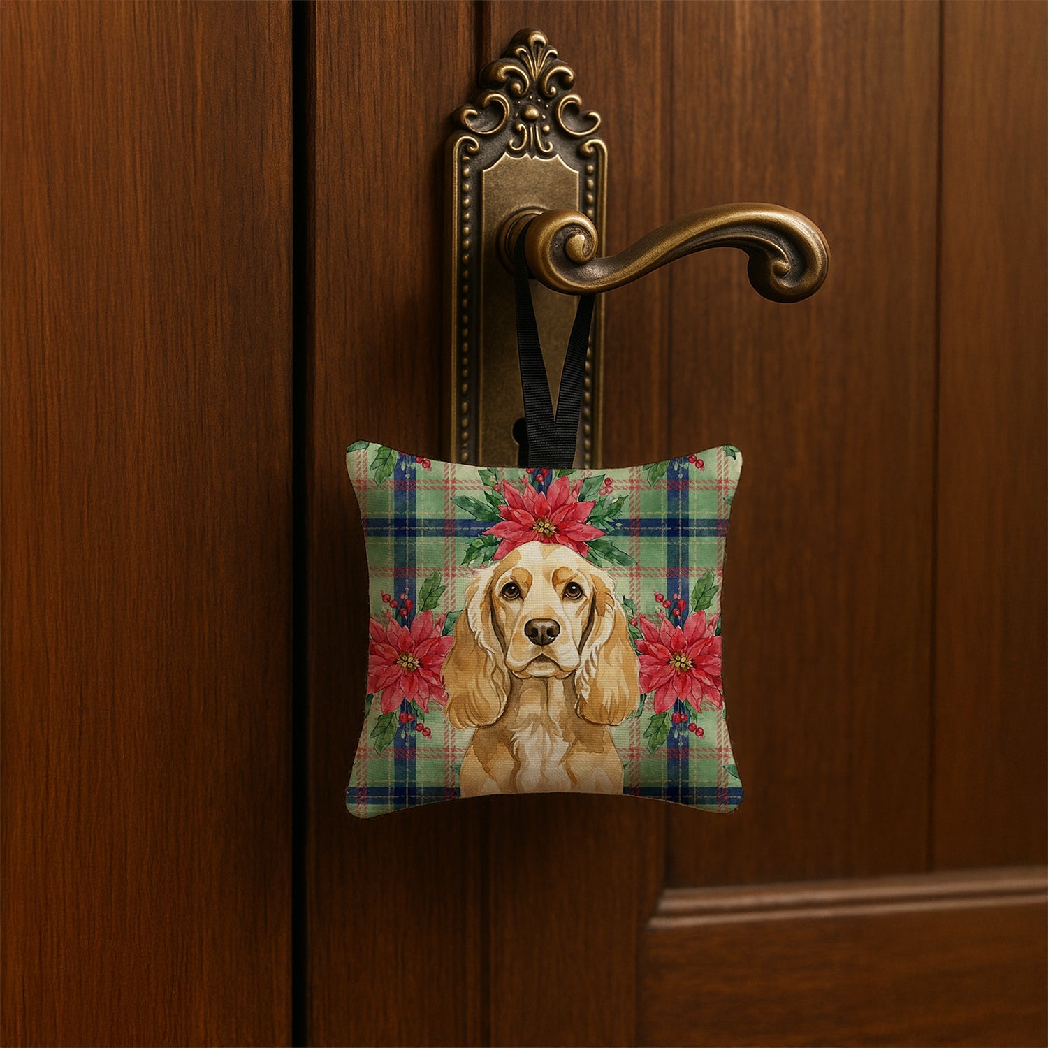 Buff Cocker Spaniel Christmas PoinsettIas Hanging Square Fabric Ornament 3.5 � 3.5 Decorative Door-Knob & Tree Hanger, Soft Fabric