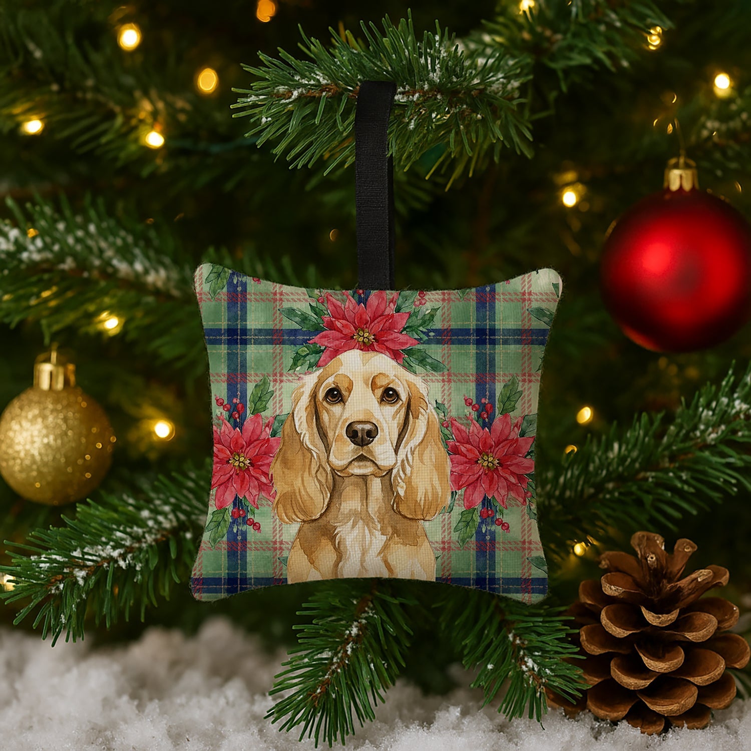 Buff Cocker Spaniel Christmas PoinsettIas Hanging Square Fabric Ornament 3.5 � 3.5 Decorative Door-Knob & Tree Hanger, Soft Fabric