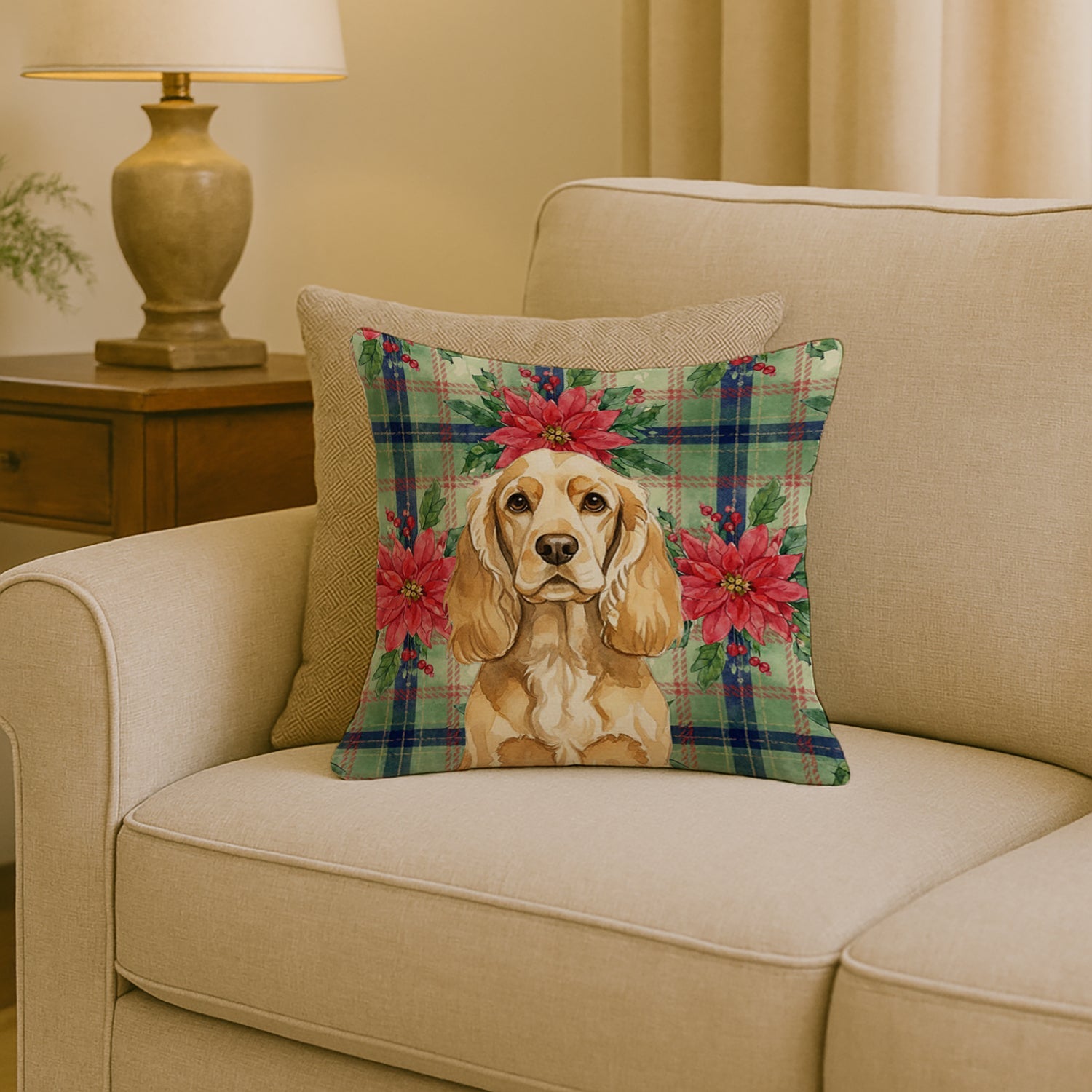 Buff Cocker Spaniel Christmas PoinsettIas Decorative Throw Pillow 18x18 Indoor Outdoor Accent Cushion, Fabric Cover with Insert for Sofa, Bed, Porch & Living Room