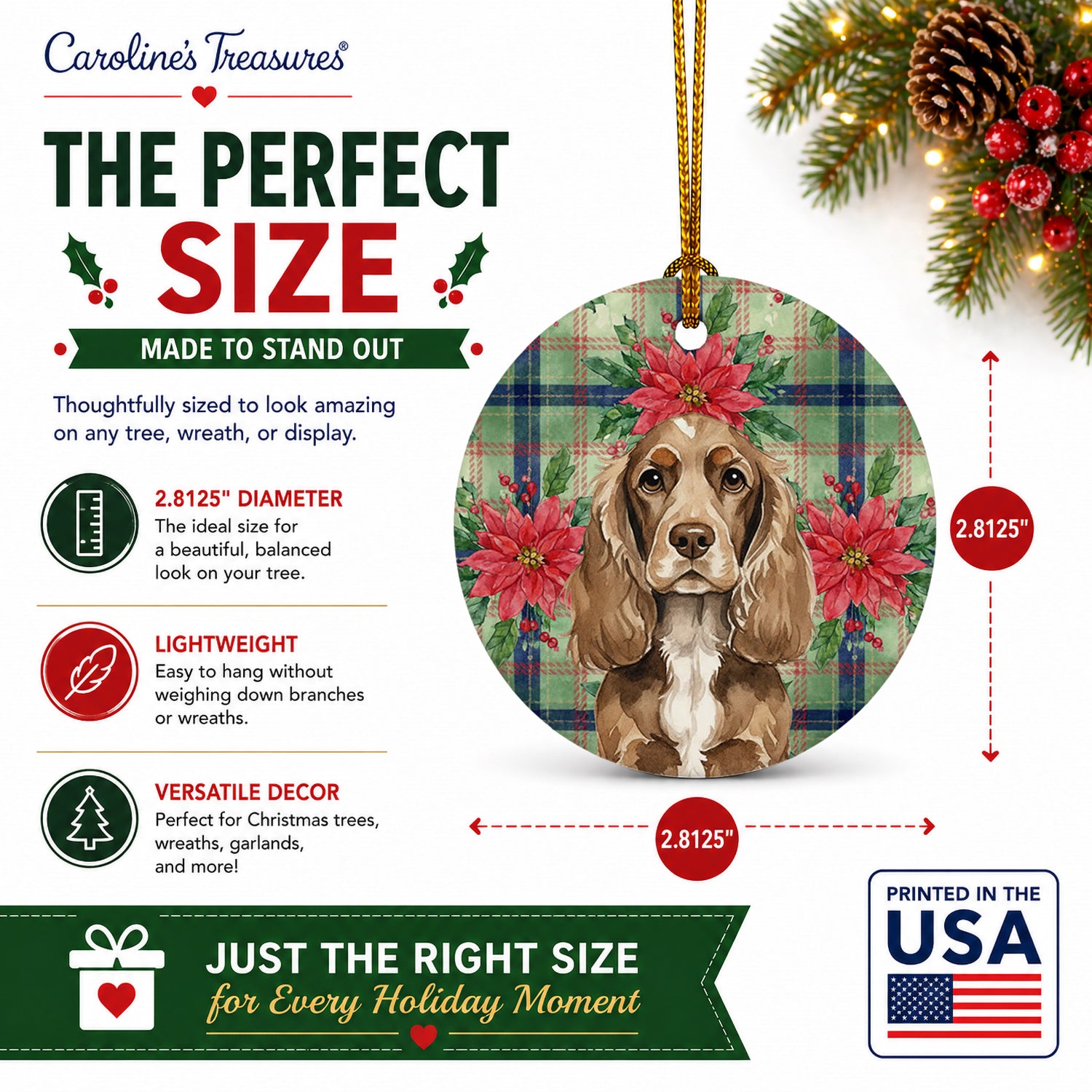 Chocolate Cocker Spaniel Christmas PoinsettIas Ceramic Ornament Christmas Tree Hanging Decorations for Home Christmas Holiday, Party, Gift, 3 in, Multicolor