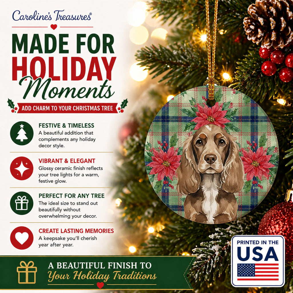 Chocolate Cocker Spaniel Christmas PoinsettIas Ceramic Ornament Christmas Tree Hanging Decorations for Home Christmas Holiday, Party, Gift, 3 in, Multicolor