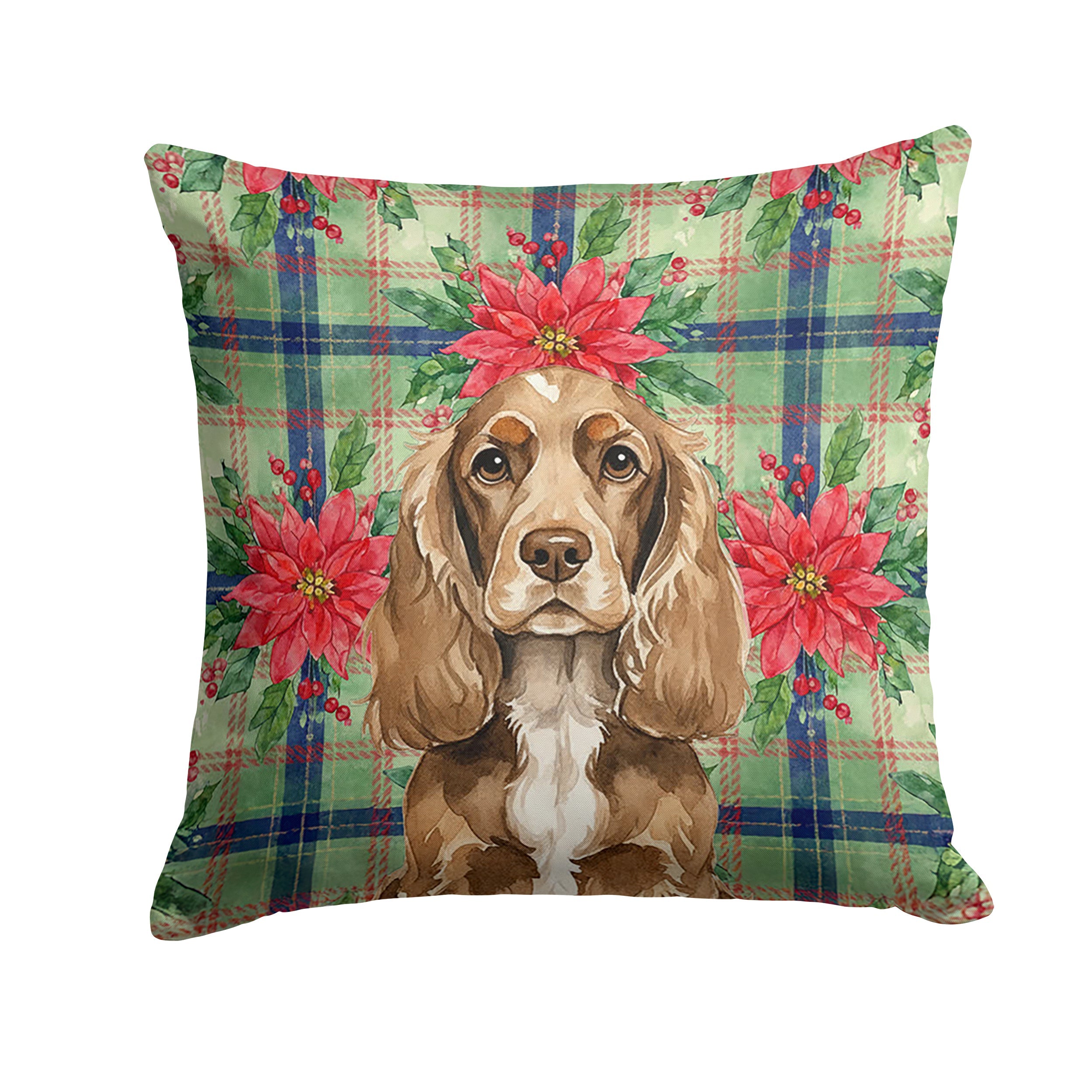 Chocolate Cocker Spaniel Christmas PoinsettIas Decorative Throw Pillow 14x14 Indoor Outdoor Accent Cushion, Fabric Cover with Insert for Sofa, Bed, Porch & Living Room
