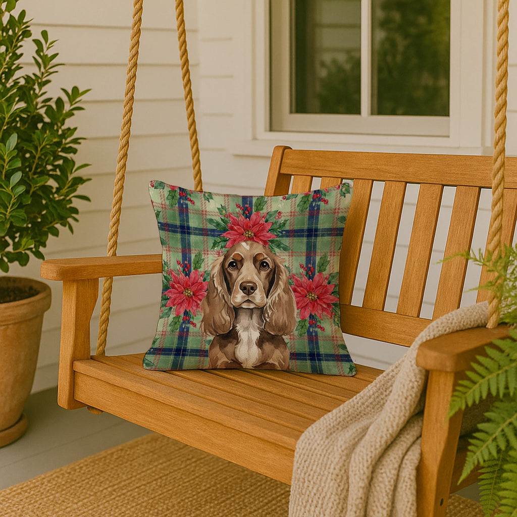 Chocolate Cocker Spaniel Christmas PoinsettIas Decorative Throw Pillow 18x18 Indoor Outdoor Accent Cushion, Fabric Cover with Insert for Sofa, Bed, Porch & Living Room