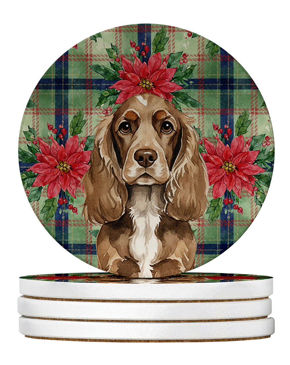 Chocolate Cocker Spaniel Christmas PoinsettIas Large Sandstone Coasters Pack of 4 Absorbent Round Coasters Decor Gifts for Men or Women, 4 in, Multicolor