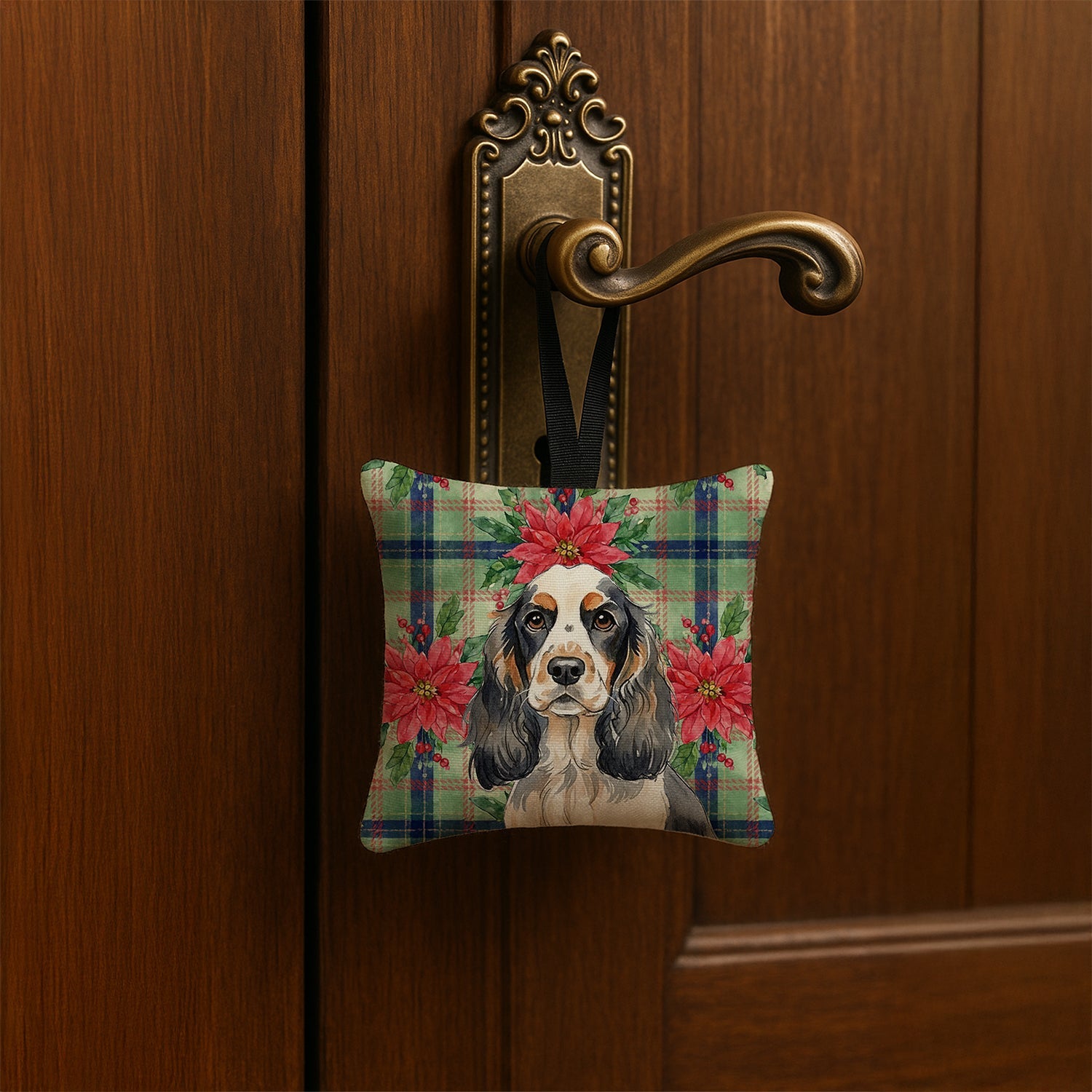 Parti Cocker Spaniel Christmas PoinsettIas Hanging Square Fabric Ornament 3.5 � 3.5 Decorative Door-Knob & Tree Hanger, Soft Fabric
