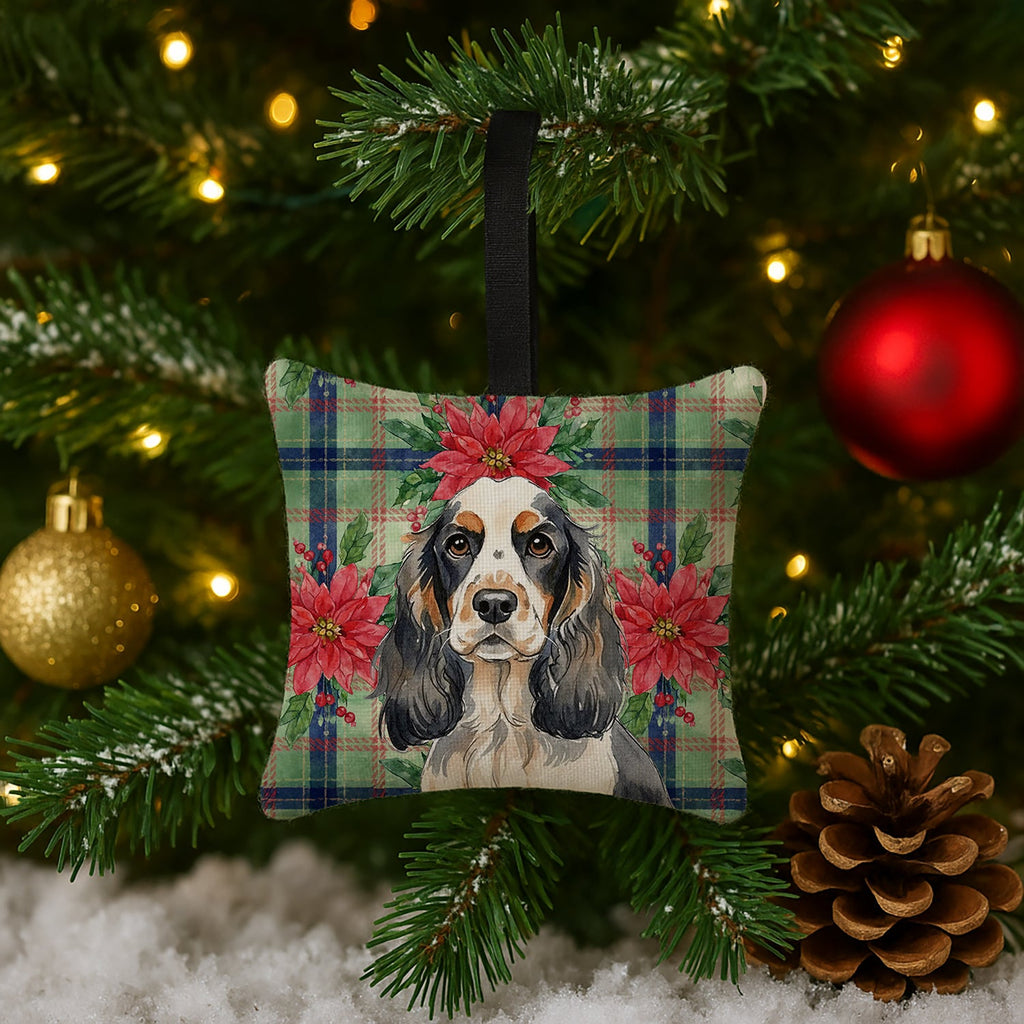 Parti Cocker Spaniel Christmas PoinsettIas Hanging Square Fabric Ornament 3.5 � 3.5 Decorative Door-Knob & Tree Hanger, Soft Fabric