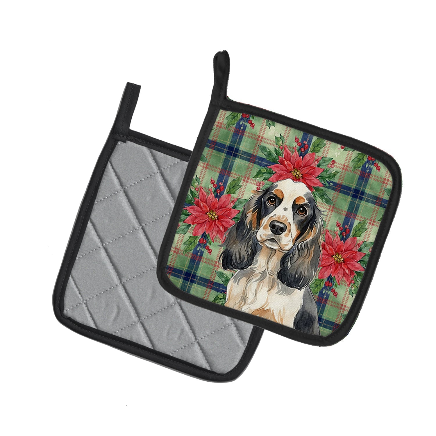 Parti Cocker Spaniel Christmas PoinsettIas Pot Holder Set of 2 Heat Resistant Quilted Hot Pads 7.5 x 7.5 Inch, Insulated Kitchen Trivets for Cooking & Baking