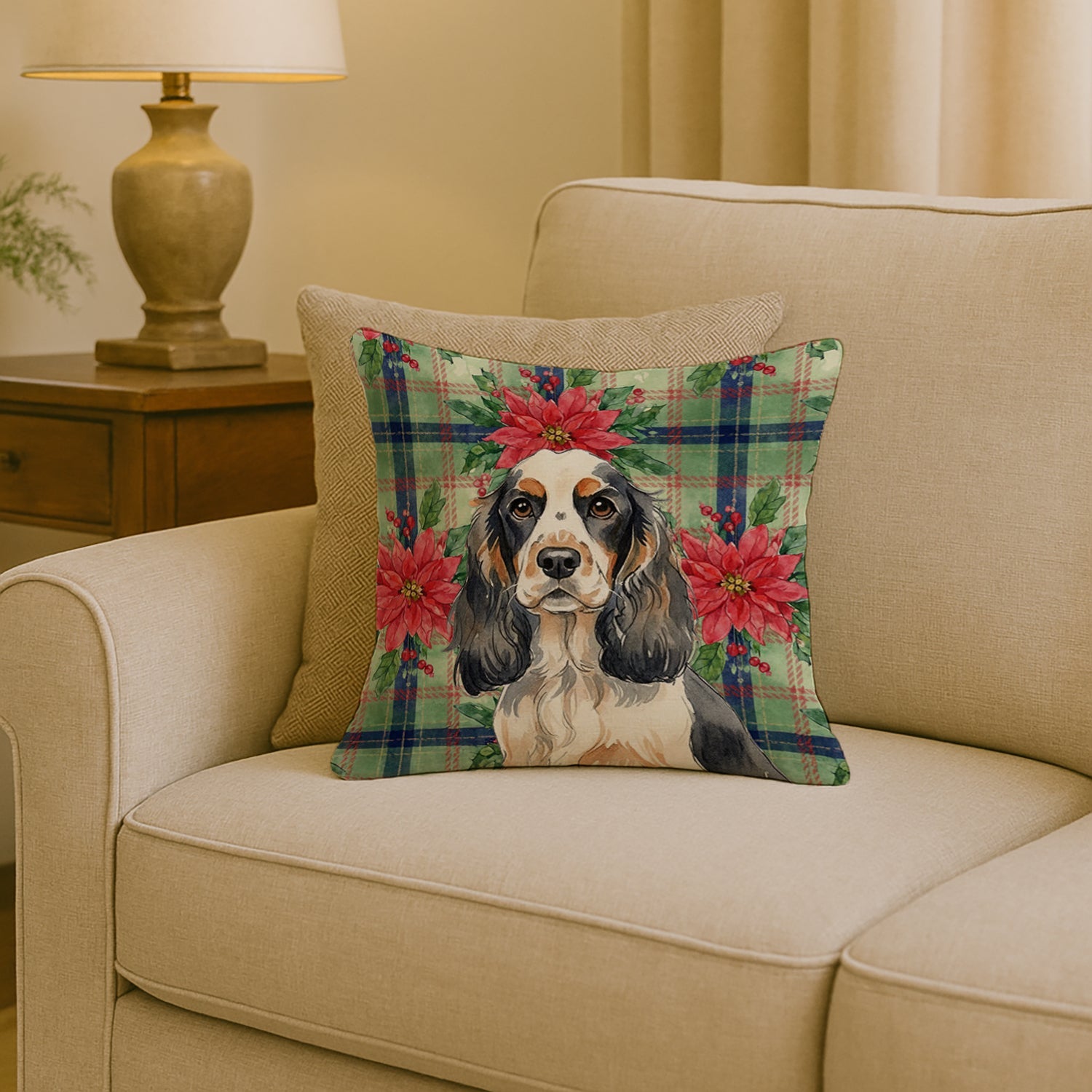 Parti Cocker Spaniel Christmas PoinsettIas Decorative Throw Pillow 18x18 Indoor Outdoor Accent Cushion, Fabric Cover with Insert for Sofa, Bed, Porch & Living Room