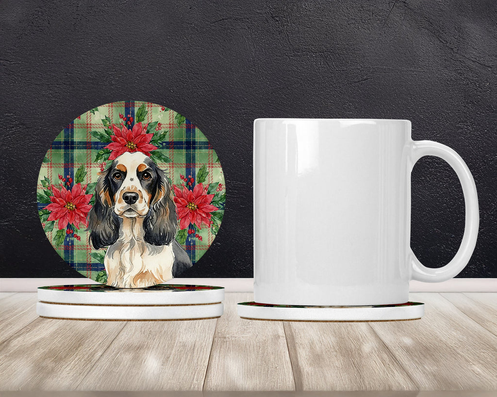 Parti Cocker Spaniel Christmas PoinsettIas Large Sandstone Coasters Pack of 4 Absorbent Round Coasters Decor Gifts for Men or Women, 4 in, Multicolor