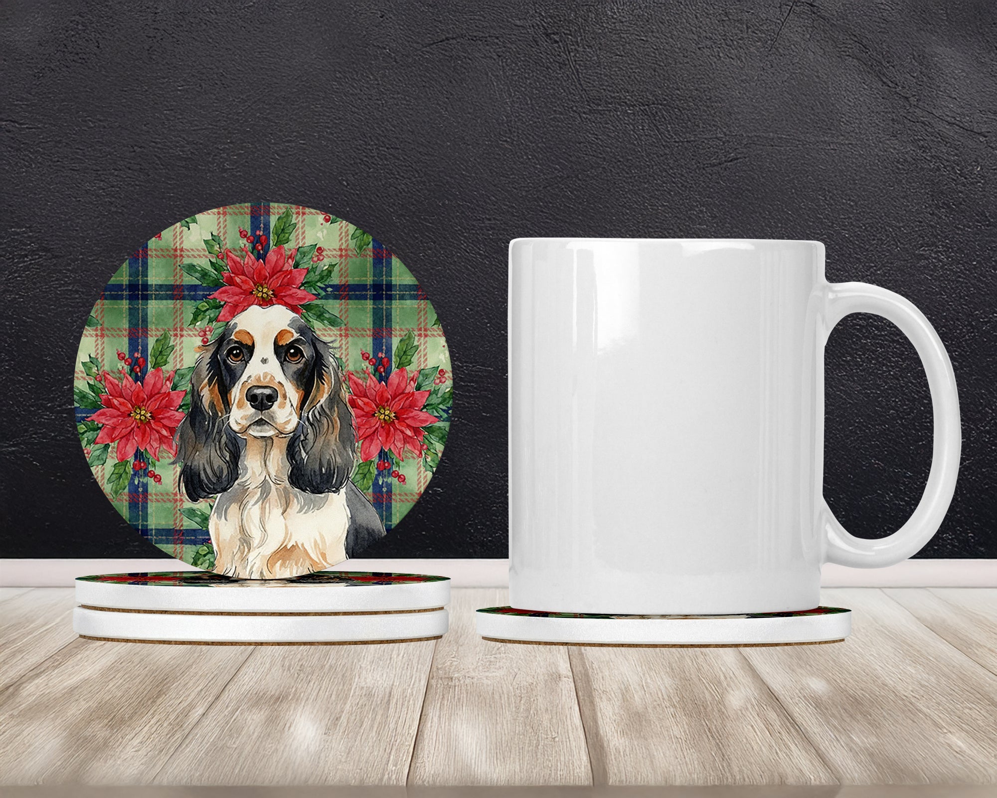 Parti Cocker Spaniel Christmas PoinsettIas Large Sandstone Coasters Pack of 4 Absorbent Round Coasters Decor Gifts for Men or Women, 4 in, Multicolor