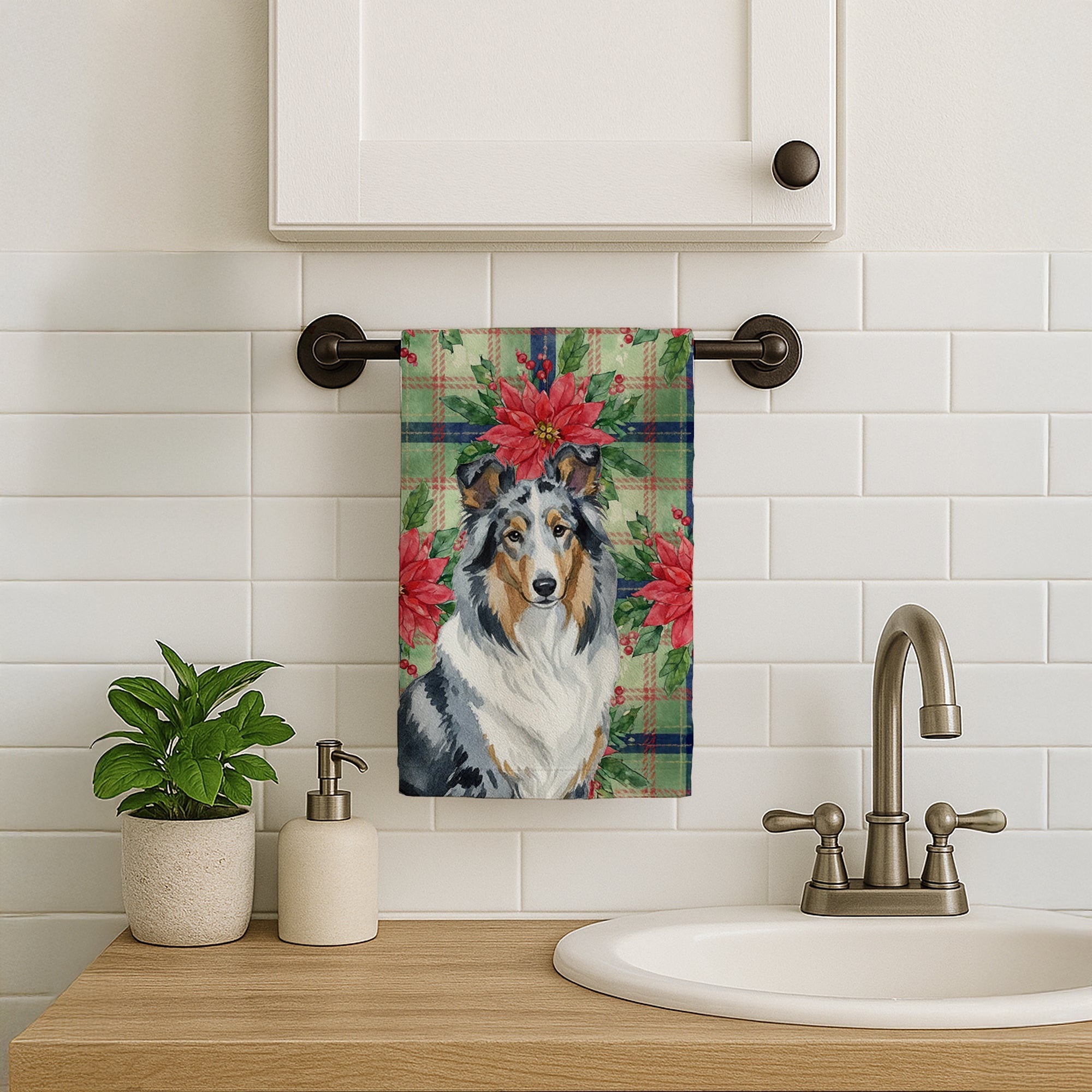 Blue Merle Collie Christmas PoinsettIas Kitchen Towel Velour Plush Front and Cotton Loop Back Machine Washable