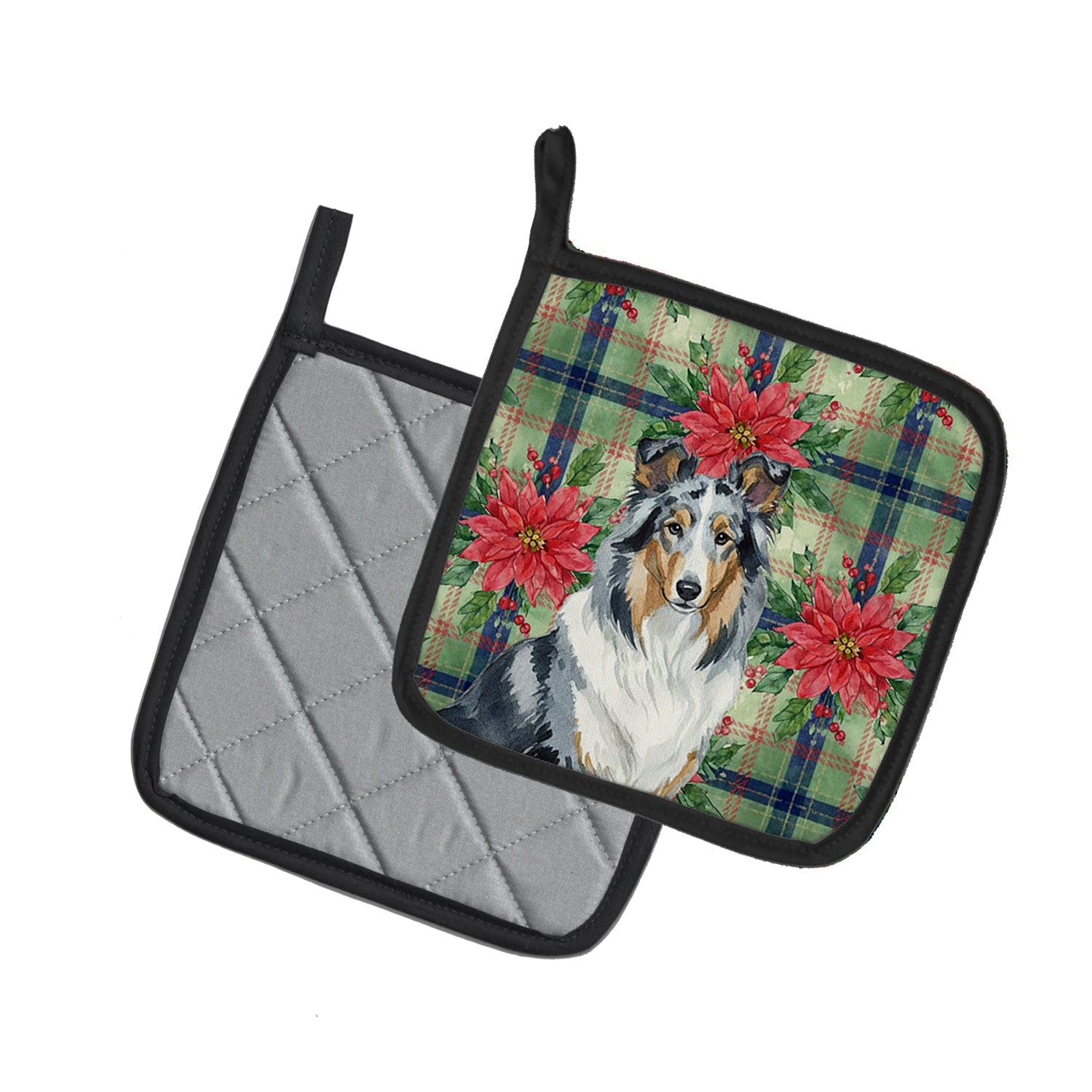 Blue Merle Collie Christmas PoinsettIas Pot Holder Set of 2 Heat Resistant Quilted Hot Pads 7.5 x 7.5 Inch, Insulated Kitchen Trivets for Cooking & Baking
