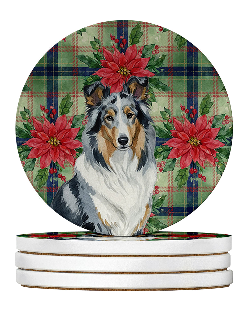 Blue Merle Collie Christmas PoinsettIas Large Sandstone Coasters Pack of 4 Absorbent Round Coasters Decor Gifts for Men or Women, 4 in, Multicolor