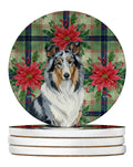 Blue Merle Collie Christmas PoinsettIas Large Sandstone Coasters Pack of 4 Absorbent Round Coasters Decor Gifts for Men or Women, 4 in, Multicolor