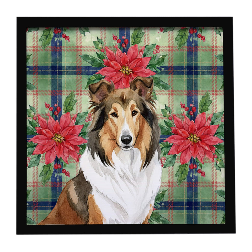 Sable Collie Christmas PoinsettIas Framed Metal Print Bathroom, Kitchen, Office, Home Decor Wall Art Ready to Hang, Square, 8X8
