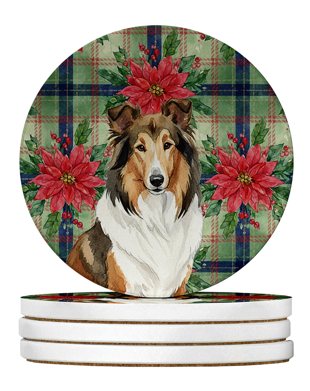 Sable Collie Christmas PoinsettIas Large Sandstone Coasters Pack of 4 Absorbent Round Coasters Decor Gifts for Men or Women, 4 in, Multicolor