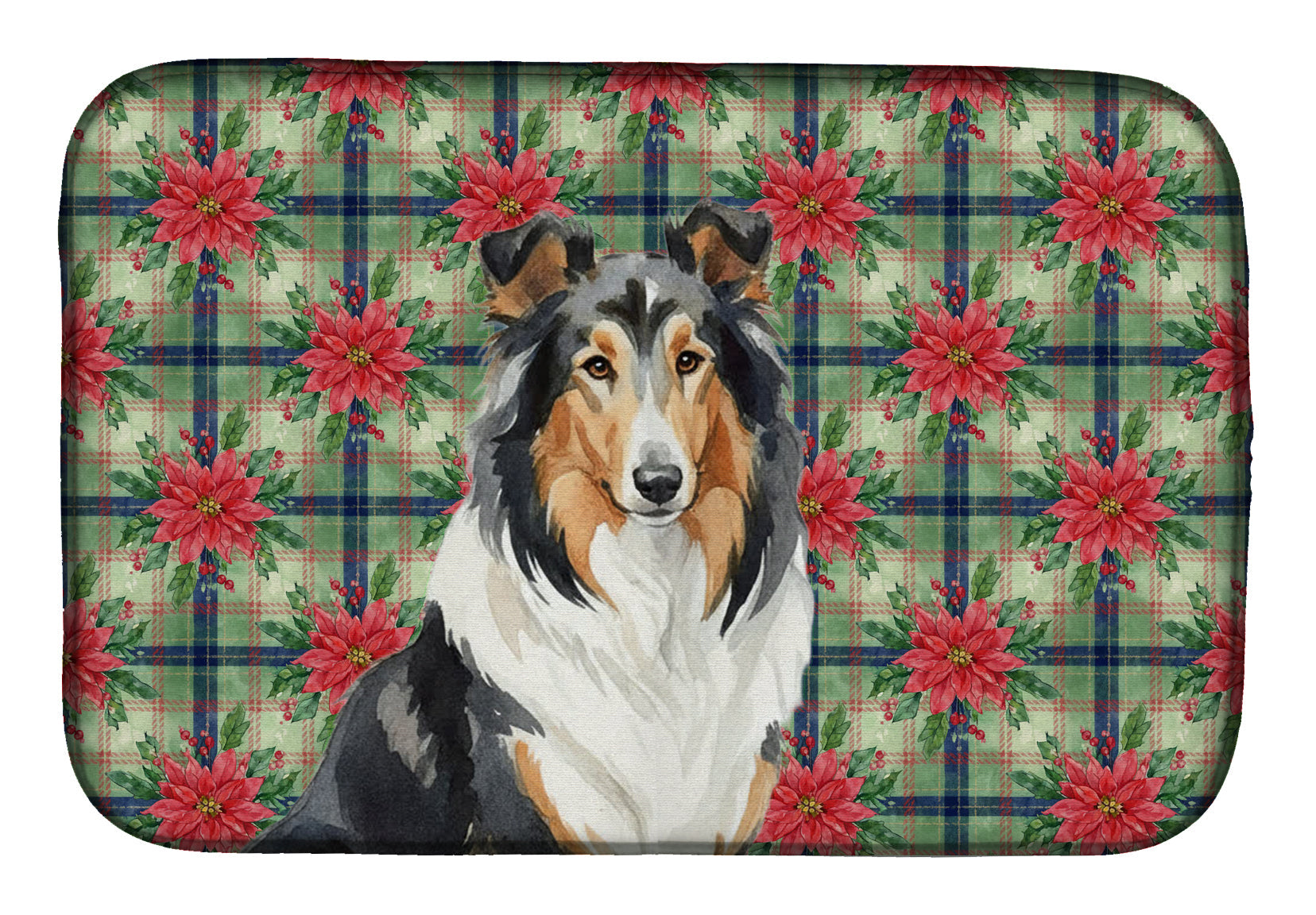 Tricolor Collie Christmas PoinsettIas Dish Drying Mat Absorbent Dish Drying Mat Pad for Kitchen Counter Dish Drainer Mat for Countertop, 14 x 21", Multicolor