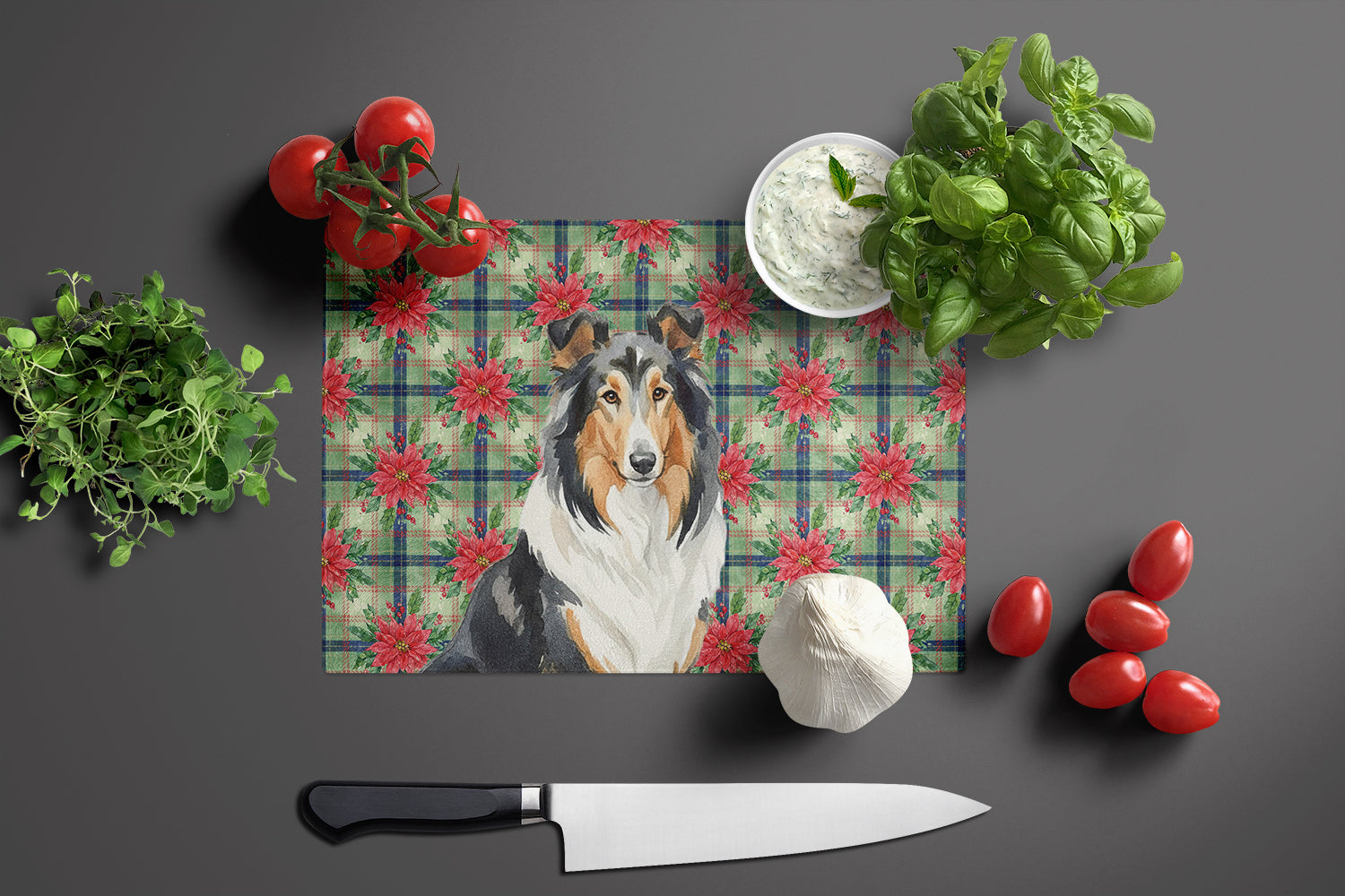 Tricolor Collie Christmas PoinsettIas Cutting Board Tempered Glass Kitchen Cutting Surface, Heat Resistant Chopping, Non-Slip Feet, Food Prep & Serving