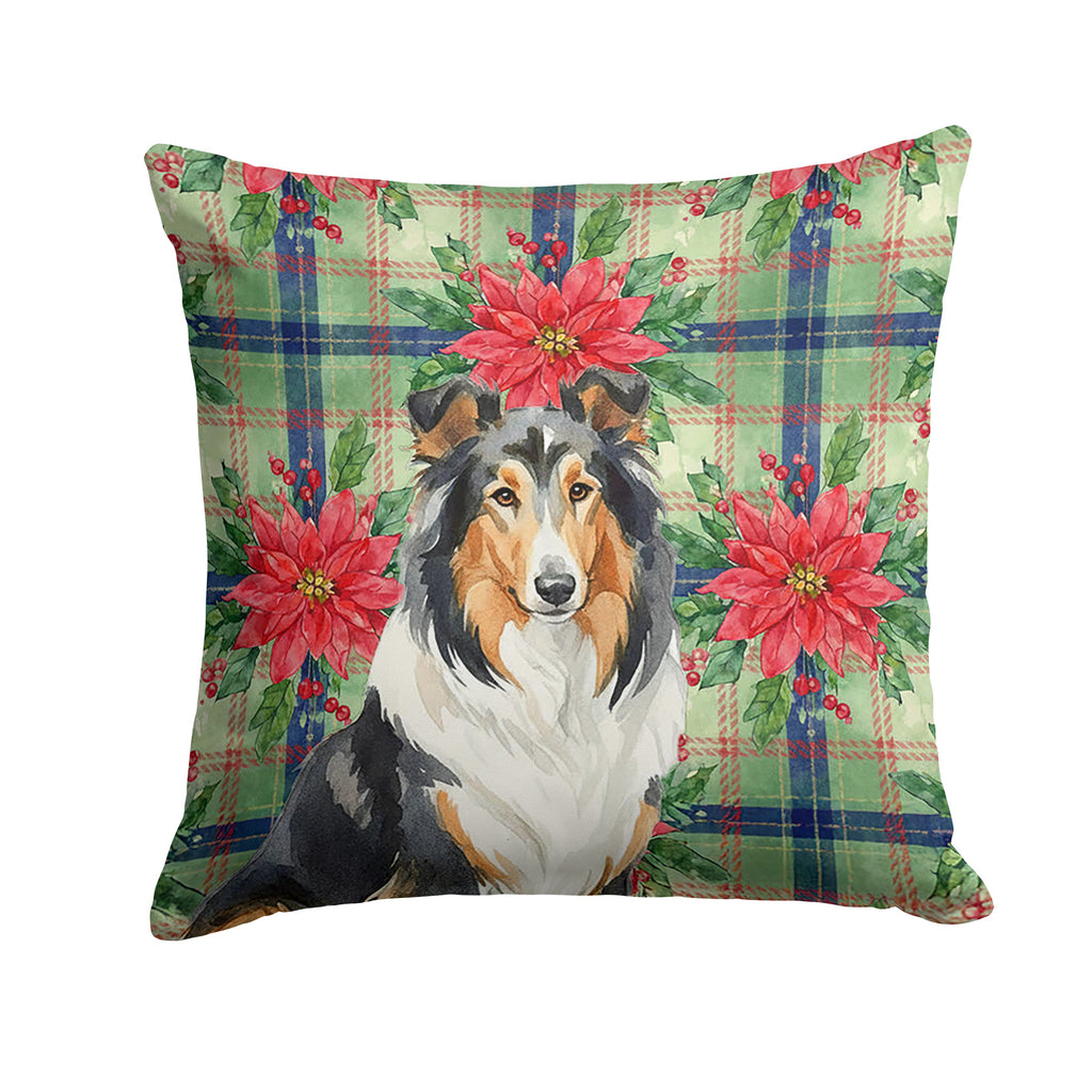 Tricolor Collie Christmas PoinsettIas Decorative Throw Pillow 14x14 Indoor Outdoor Accent Cushion, Fabric Cover with Insert for Sofa, Bed, Porch & Living Room