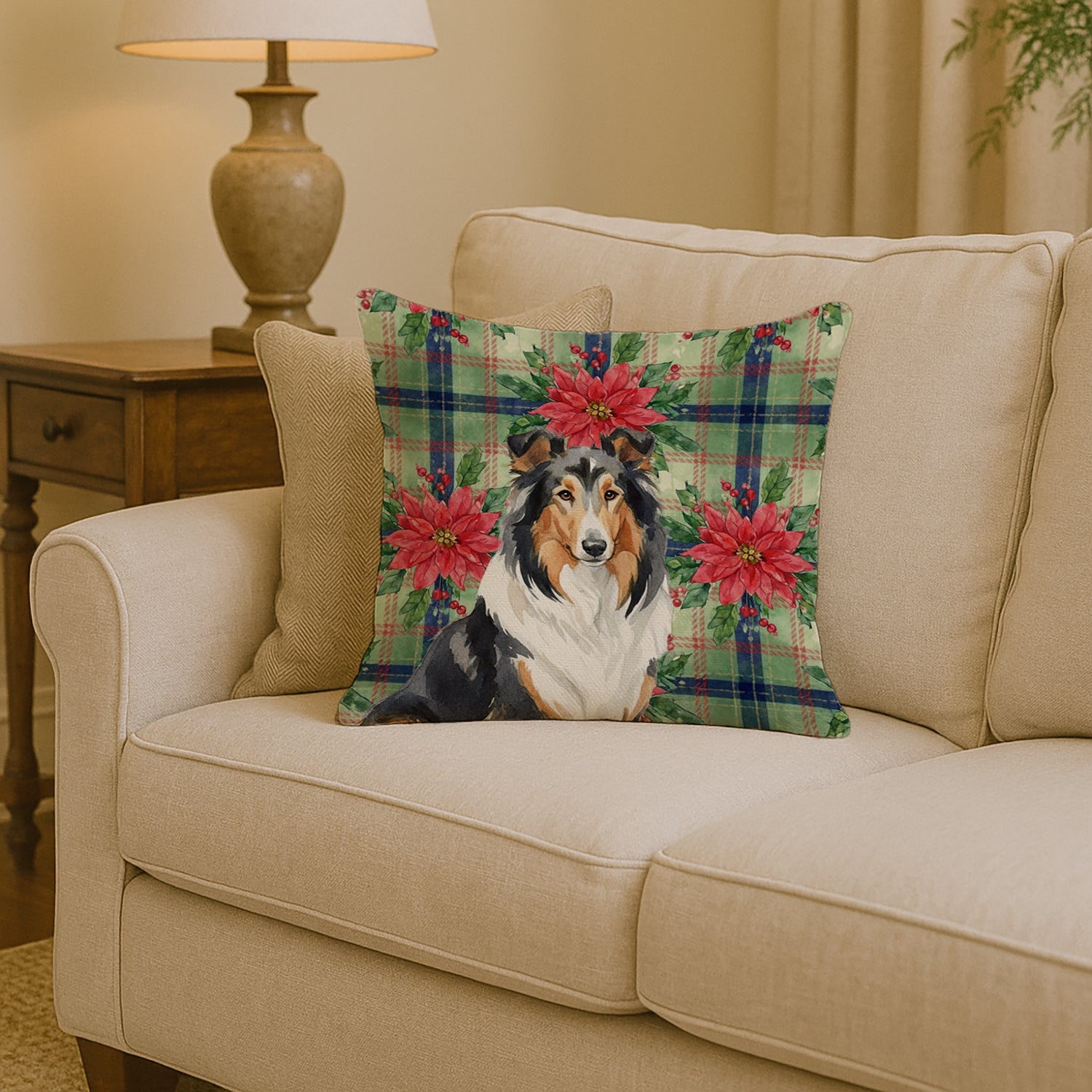 Tricolor Collie Christmas PoinsettIas Decorative Throw Pillow 14x14 Indoor Outdoor Accent Cushion, Fabric Cover with Insert for Sofa, Bed, Porch & Living Room