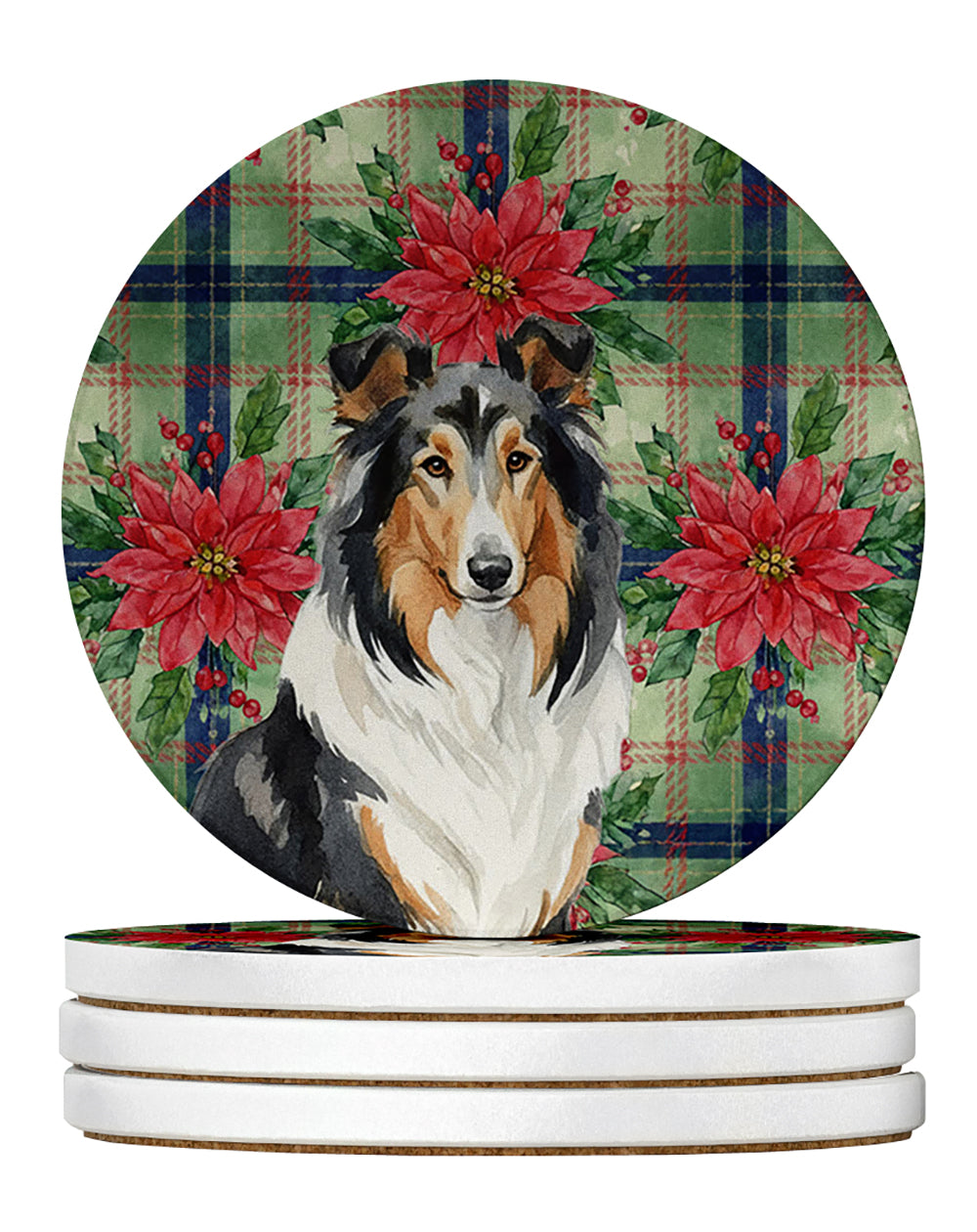 Tricolor Collie Christmas PoinsettIas Large Sandstone Coasters Pack of 4 Absorbent Round Coasters Decor Gifts for Men or Women, 4 in, Multicolor
