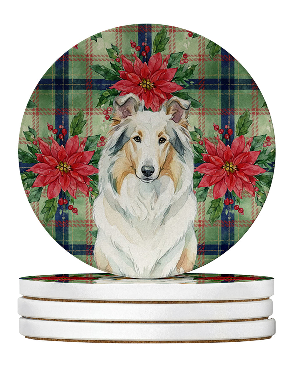 White Collie Christmas PoinsettIas Large Sandstone Coasters Pack of 4 Absorbent Round Coasters Decor Gifts for Men or Women, 4 in, Multicolor